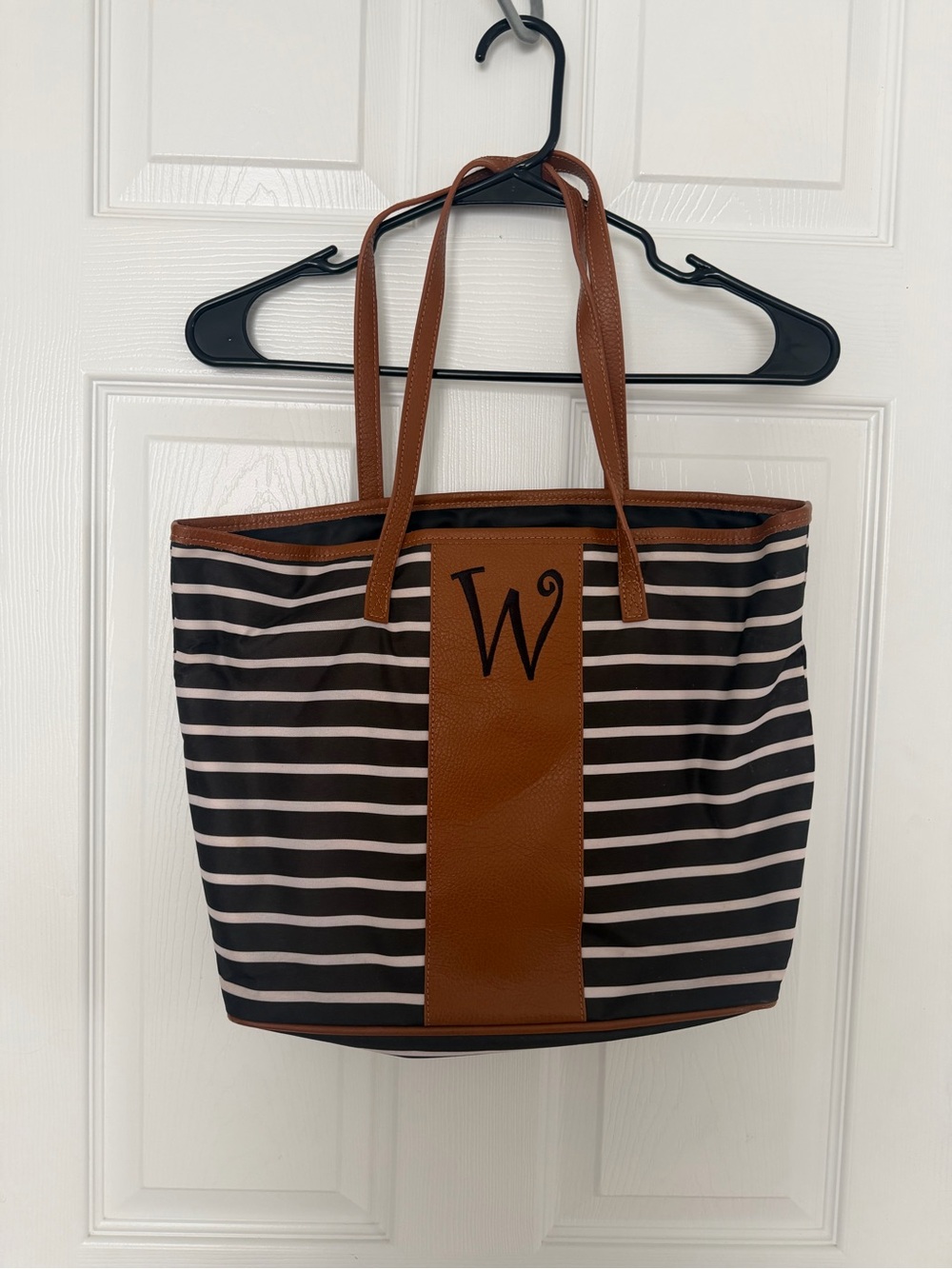 Large Black and White Striped Tote with “W” monogram and Brown faux leather trim